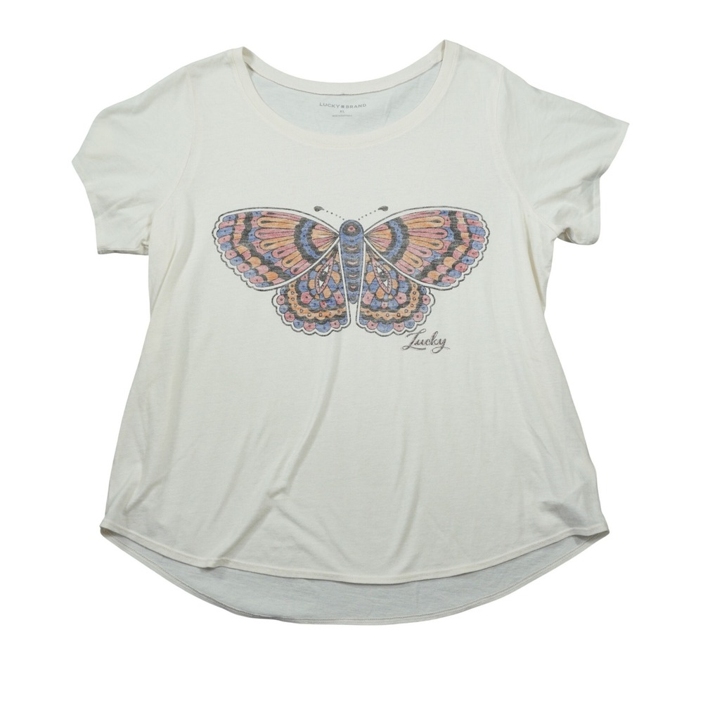 Lucky Brand Women's XL Butterfly Graphic T-Shirt Cream Short Sleeve Scoop Neck